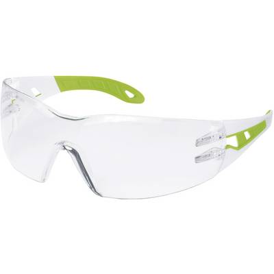 Schutzbrille mit transparenten Gläsern und grünen Bügeln, geeignet für Augen- und Gesichtsschutz bei handwerklichen Arbeiten.