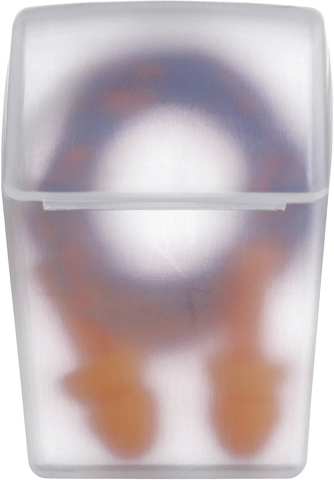 Durchsichtige Verpackung mit unscharfem, orange-blauem Gegenstand im Inneren.