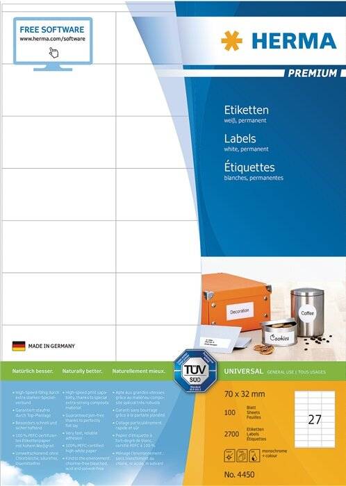 HERMA Premium - Papier - matt - permanent selbstklebend - weiß - 70 x 32 mm 2700 Etikett(en) (100 Bogen x 27)-9