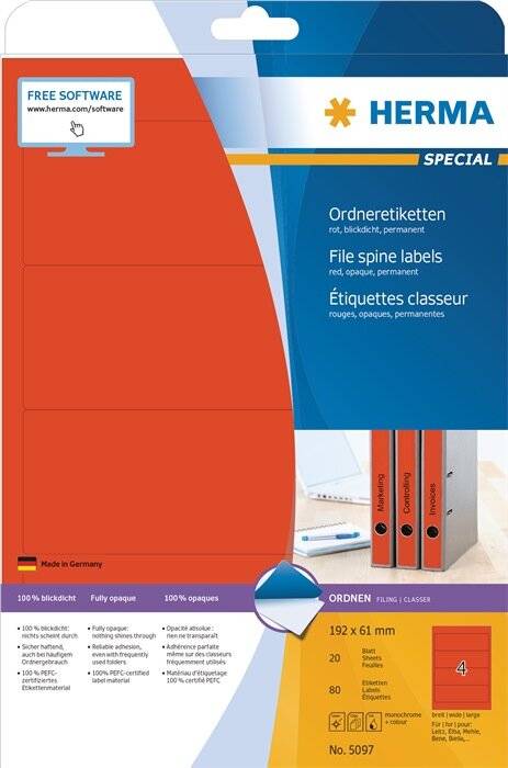 HERMA Special - Papier - matt - permanent selbstklebend - perforiert - Rot - 192 x 61 mm 80 Etikett(en) (20 Bogen x 4)-9
