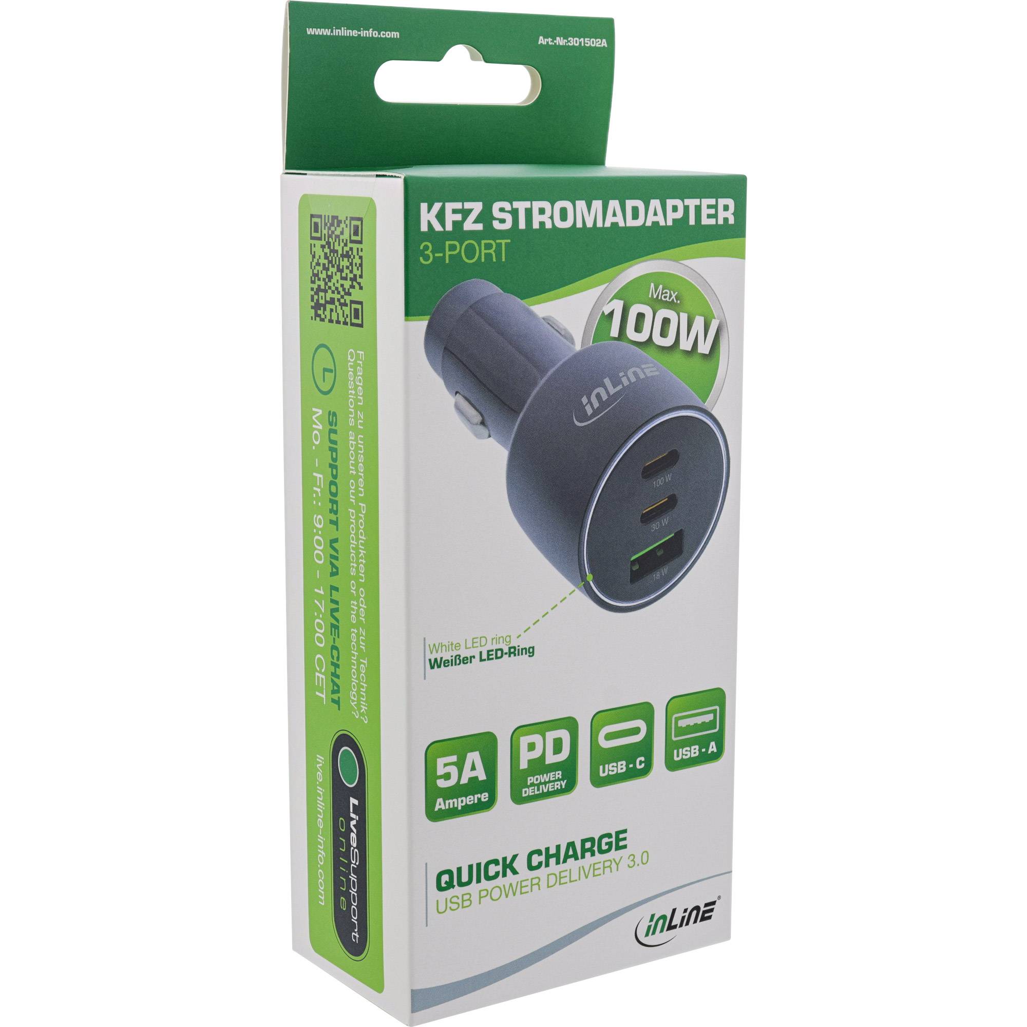 InLine® USB KFZ Stromadapter Power Delivery, 2x USB-C + QC 3.0 USB-A, schwarz-3