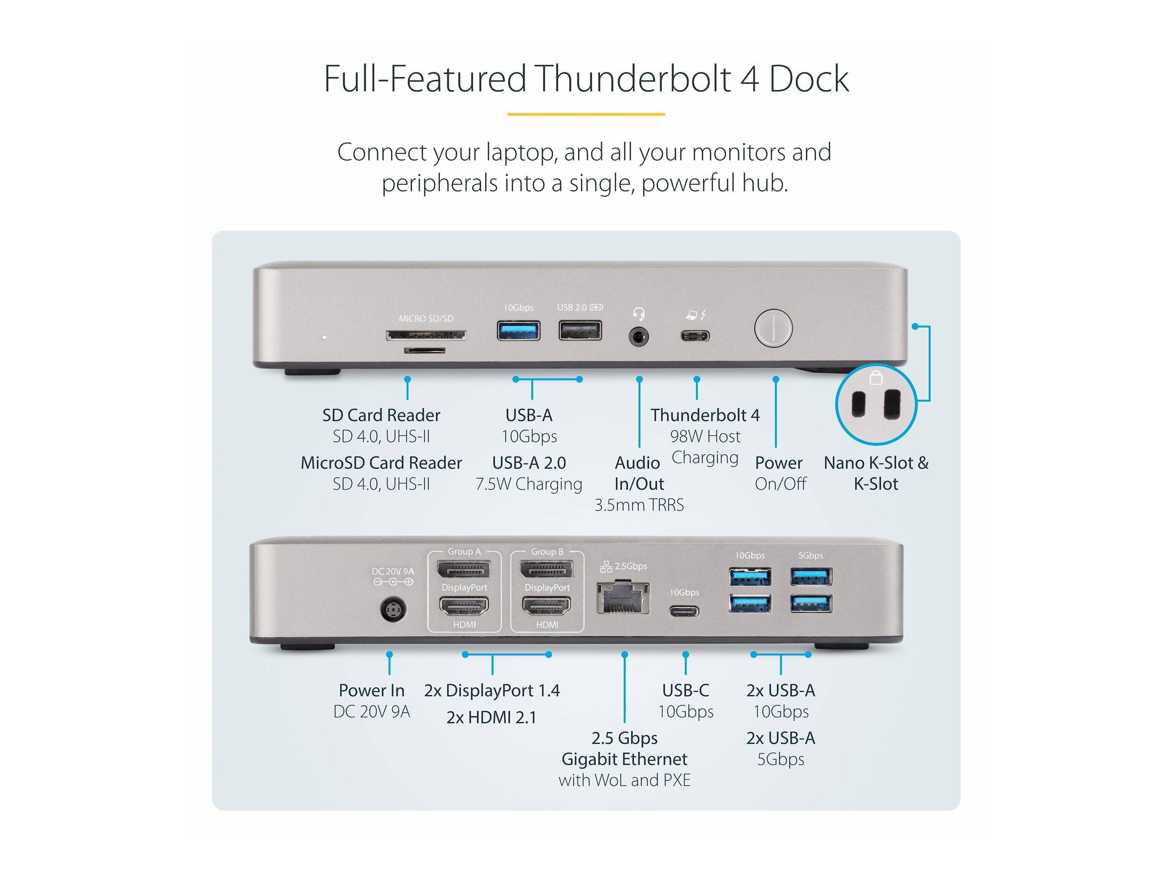 StarTech.com Thunderbolt 4 Multi-Display Docking Station, Quad/Triple/Dual Monitor Dock, 2x HDMI/2x DisplayPort, 7x USB-2
