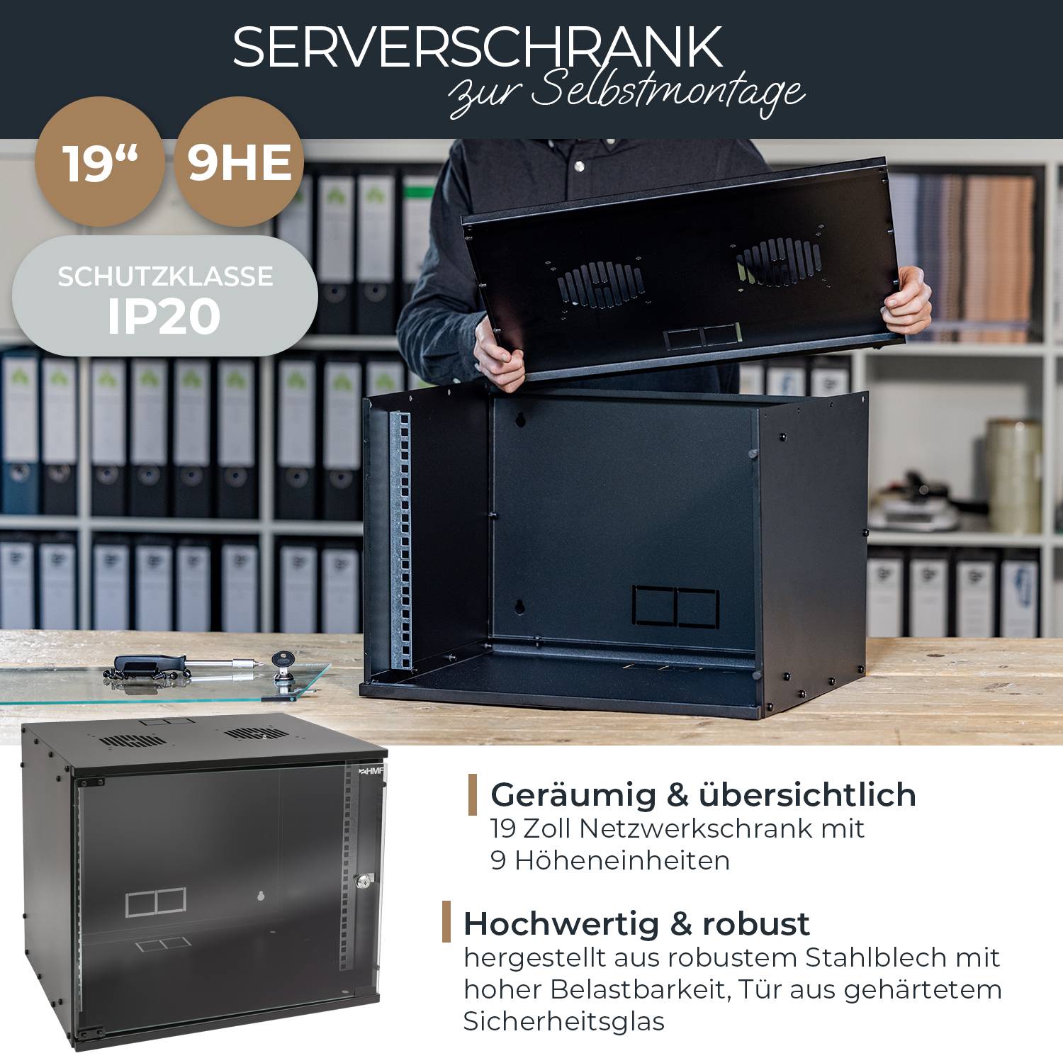 HMF 65709-02 Serverschrank 19 Zoll, 9 HE, 51 x 40 x 45 cm, Schwarz-1