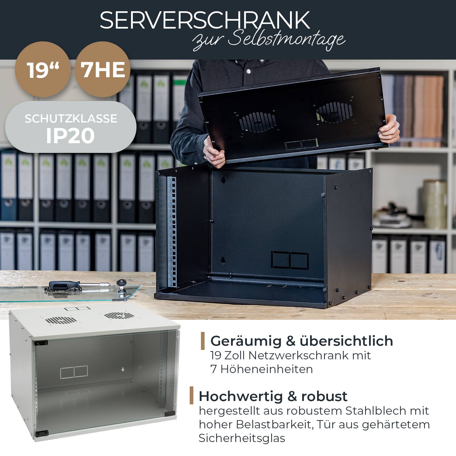 HMF 65707-07 Serverschrank 19 Zoll, 7 HE, 51 x 40 x 36 cm, Lichtgrau-1