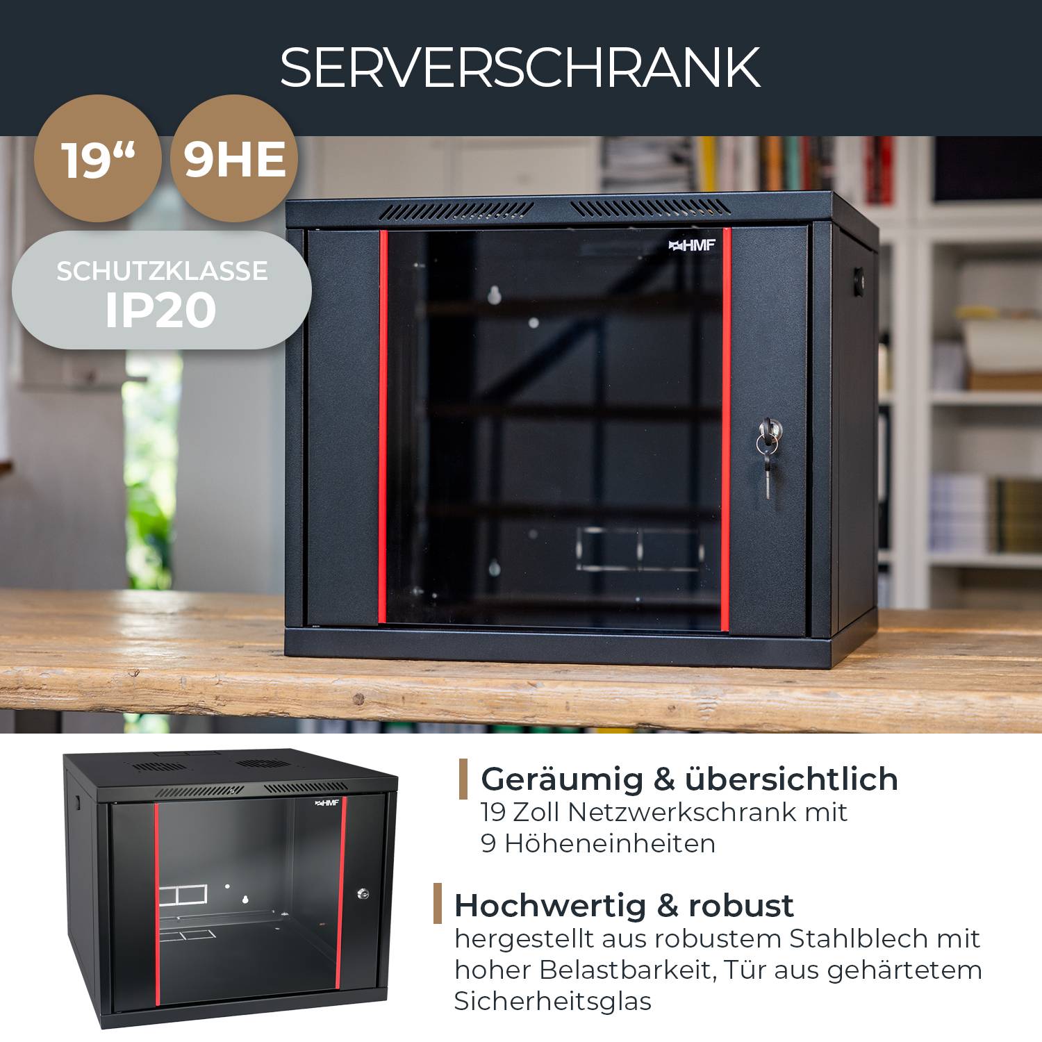 HMF 66409-02 Serverschrank 19 Zoll, 9 HE, 55 x 45 x 46 cm, voll montiert, Schwarz-1