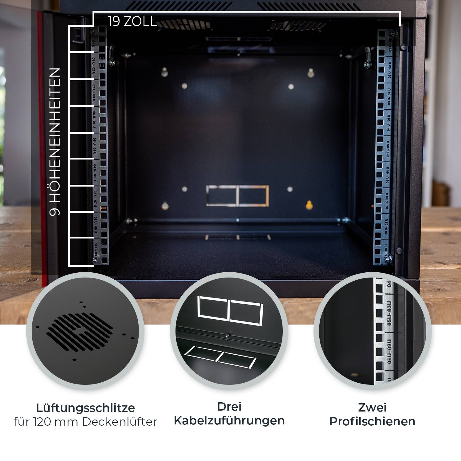 HMF 66409-02 Serverschrank 19 Zoll, 9 HE, 55 x 45 x 46 cm, voll montiert, Schwarz-2