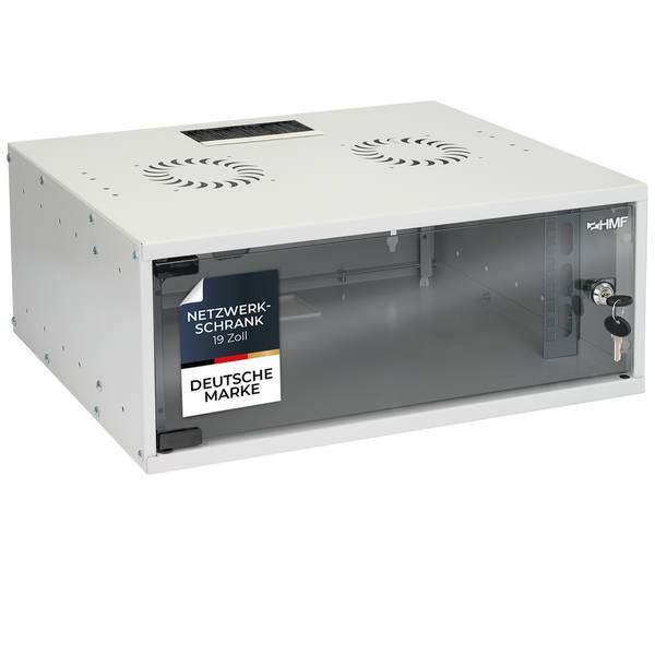HMF 65704-07 Netzwerkschrank, Serverschrank 19 Zoll, 4 HE, 275 mm Einbautiefe, Glastür, Lichtgrau