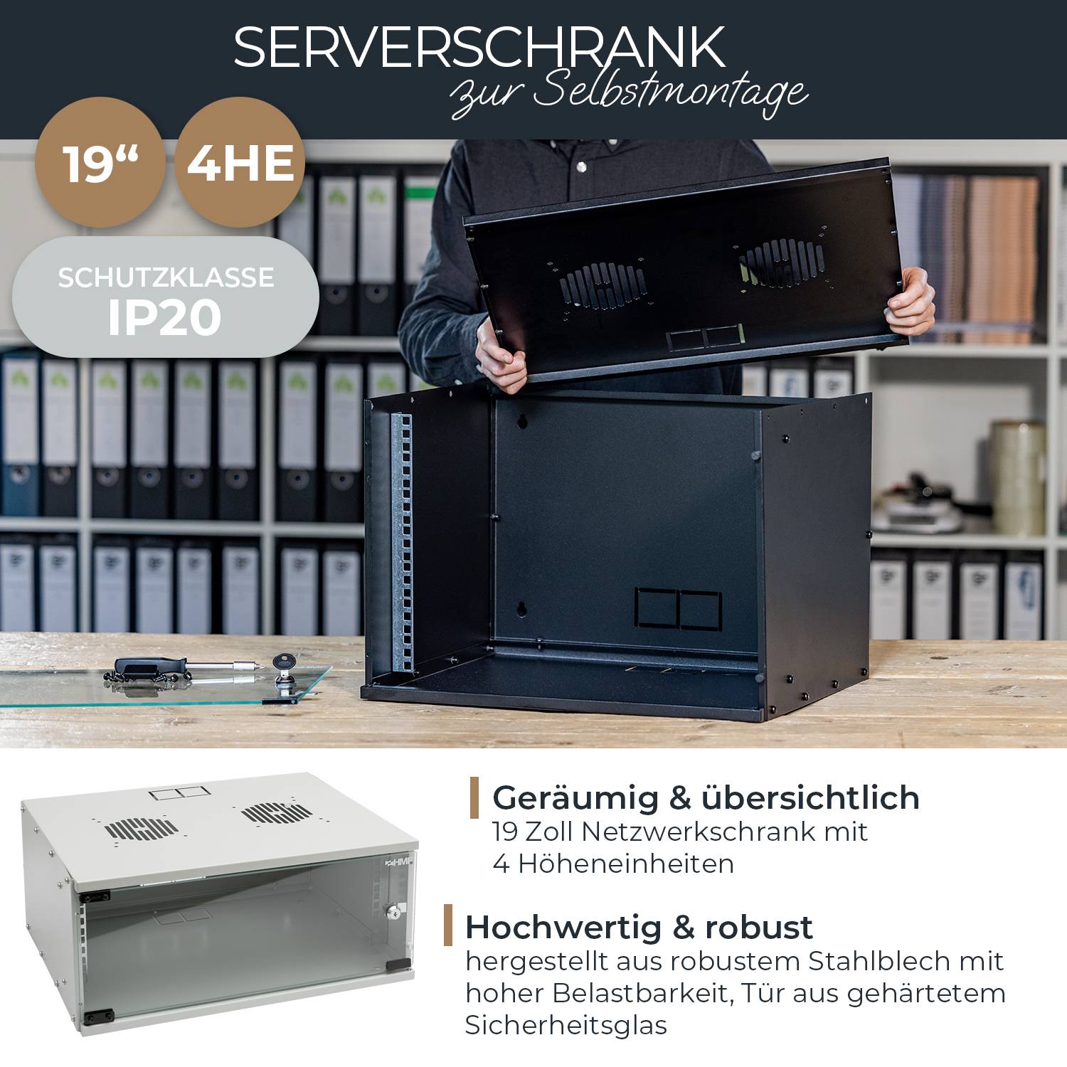 HMF 65704-07 Serverschrank 19 Zoll, 4 HE, 51 x 40 x 22,5 cm, Lichtgrau-1