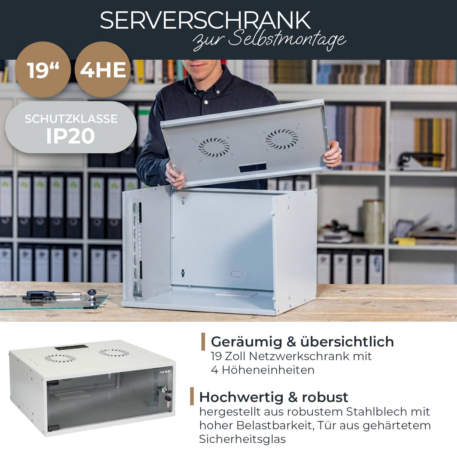 HMF 65704-07 Netzwerkschrank, Serverschrank 19 Zoll, 4 HE, 275 mm Einbautiefe, Glastür, Lichtgrau-1
