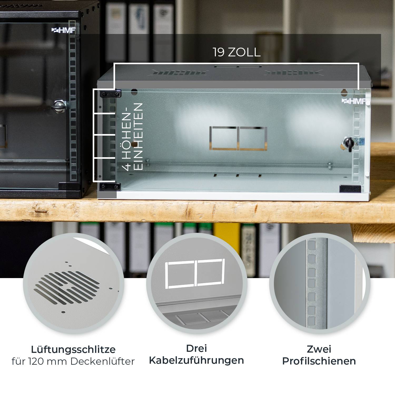HMF 65704-07 Serverschrank 19 Zoll, 4 HE, 51 x 40 x 22,5 cm, Lichtgrau-2