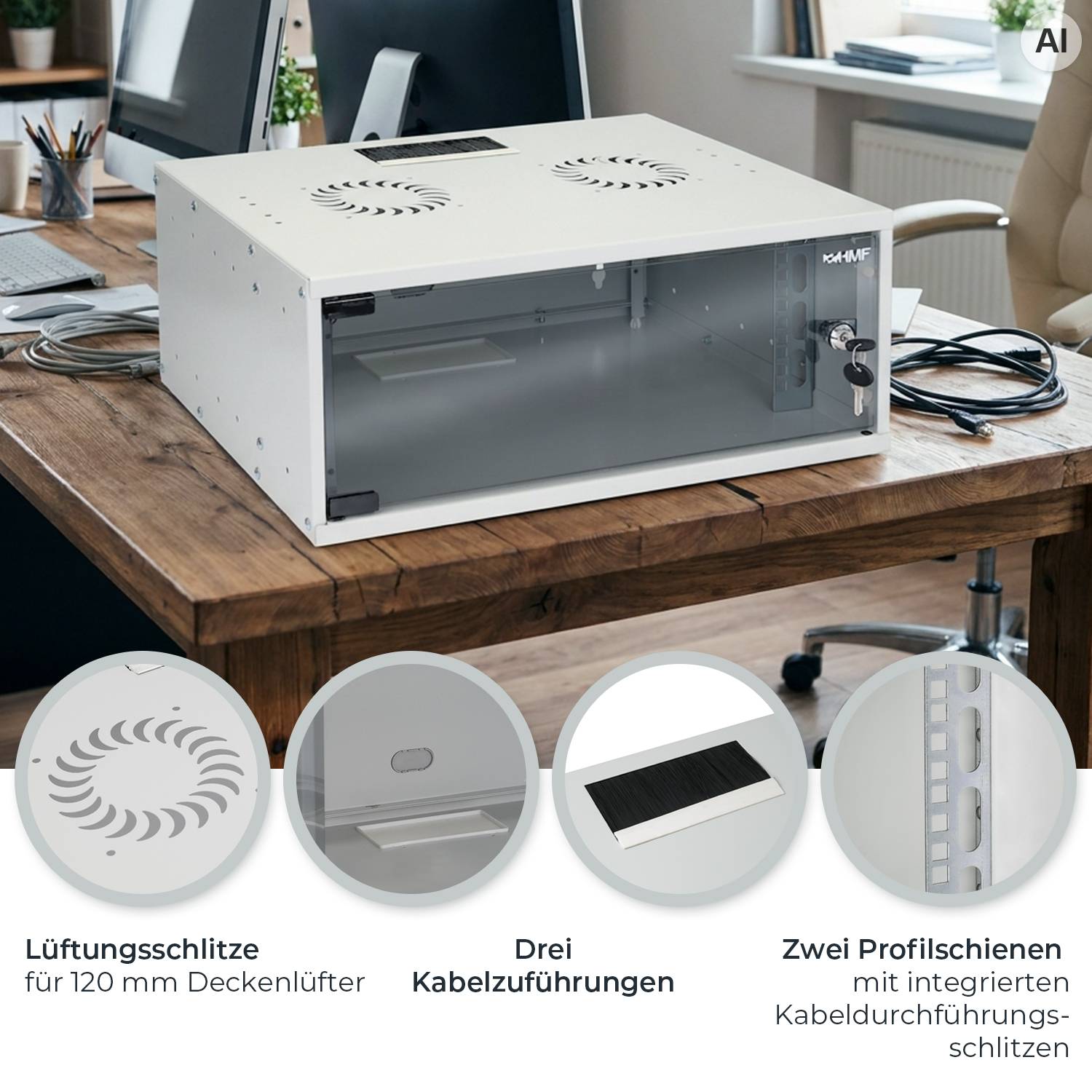 HMF 65704-07 Netzwerkschrank, Serverschrank 19 Zoll, 4 HE, 275 mm Einbautiefe, Glastür, Lichtgrau-2