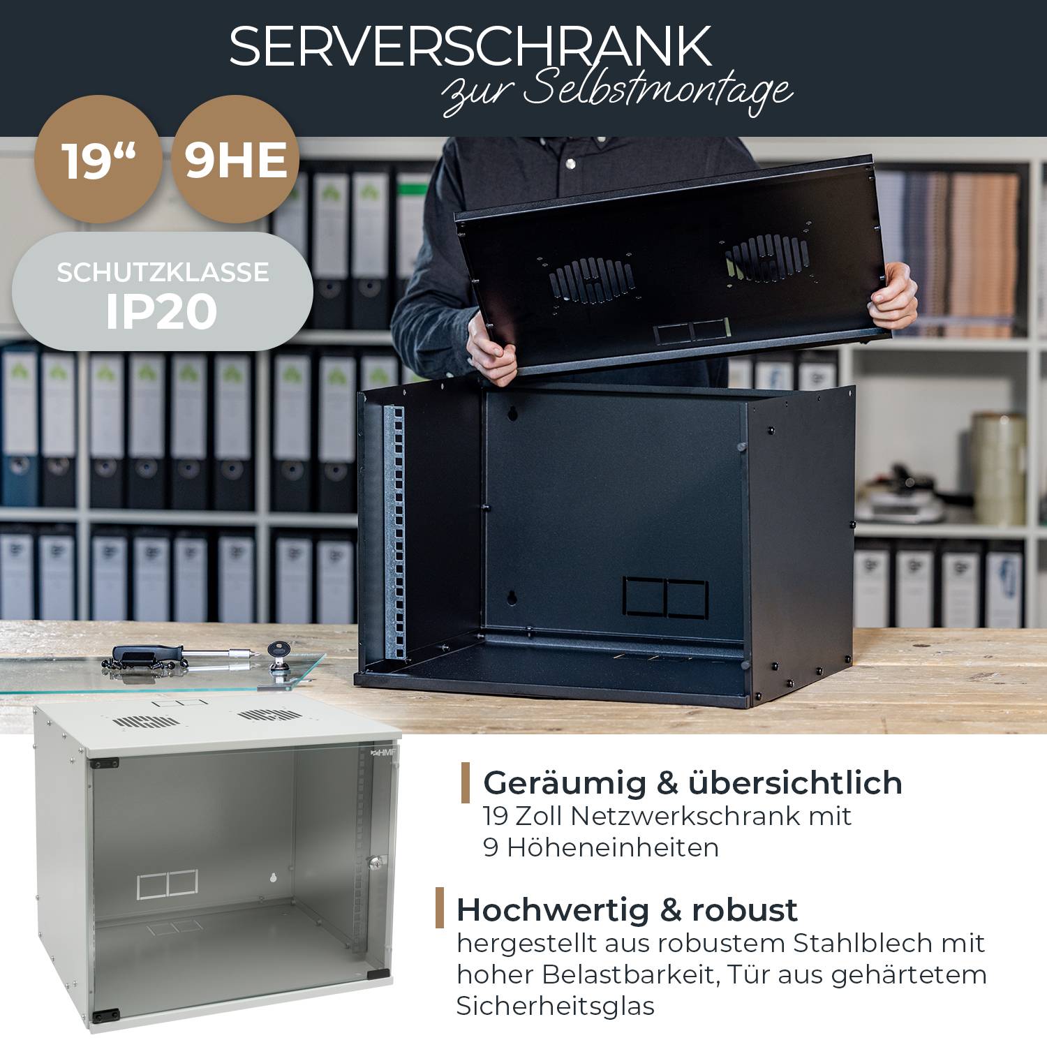 HMF 65709-07 Serverschrank 19 Zoll, 9 HE, 51 x 40 x 45 cm, Lichtgrau-1