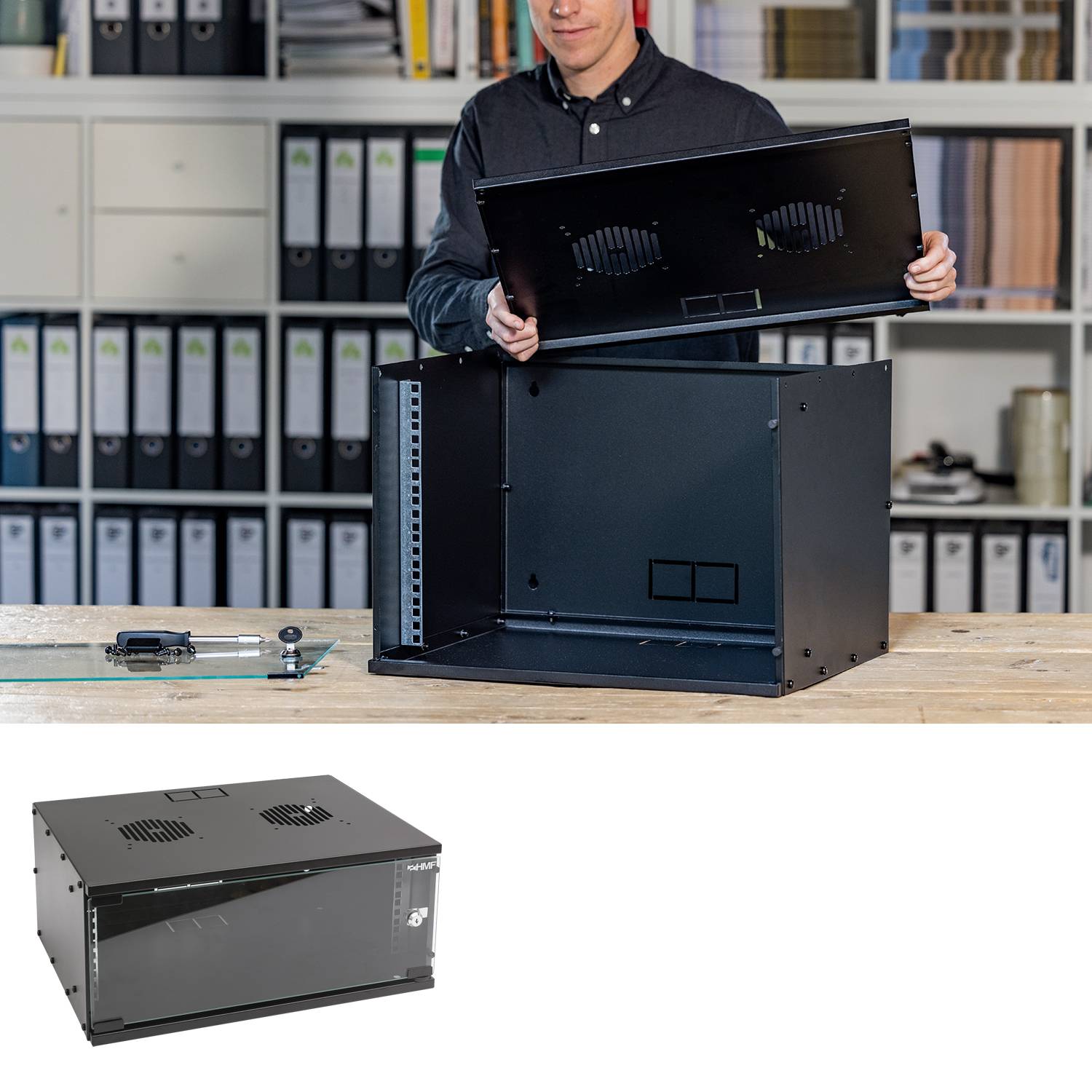 HMF 65704-02 Serverschrank 19 Zoll, 4 HE, 51 x 40 x 22,5 cm, Schwarz-1