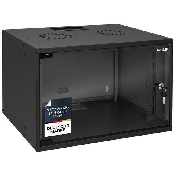 HMF 65707-02 Netzwerkschrank, Serverschrank 19 Zoll, 7 HE, 275 mm Einbautiefe, Glastür, Schwarz