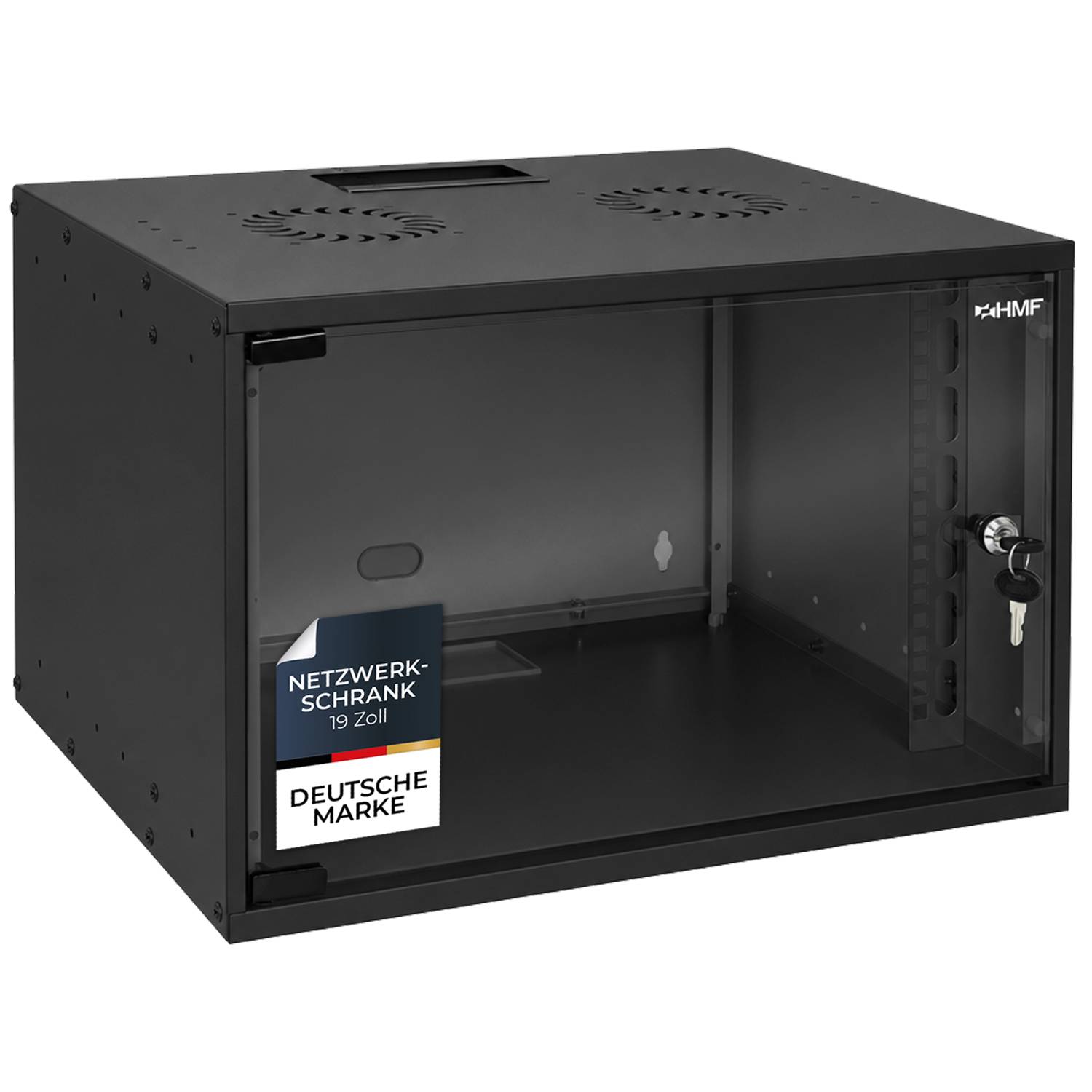 HMF 65707-02 Netzwerkschrank, Serverschrank 19 Zoll, 7 HE, 275 mm Einbautiefe, Glastür, Schwarz-0