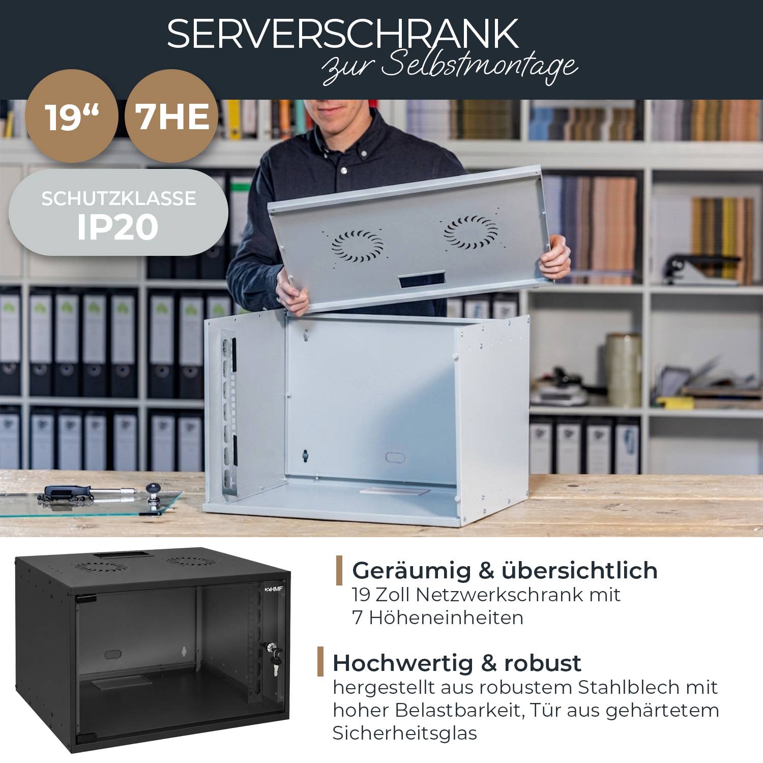 HMF 65707-02 Netzwerkschrank, Serverschrank 19 Zoll, 7 HE, 275 mm Einbautiefe, Glastür, Schwarz-1