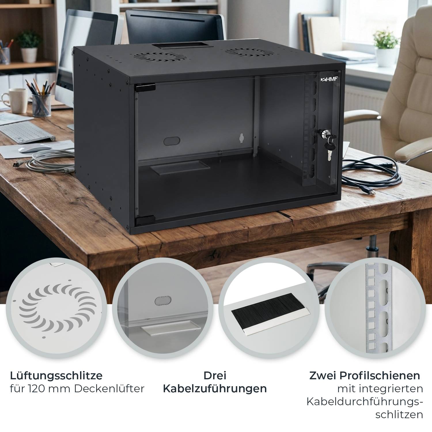 HMF 65707-02 Netzwerkschrank, Serverschrank 19 Zoll, 7 HE, 275 mm Einbautiefe, Glastür, Schwarz-2