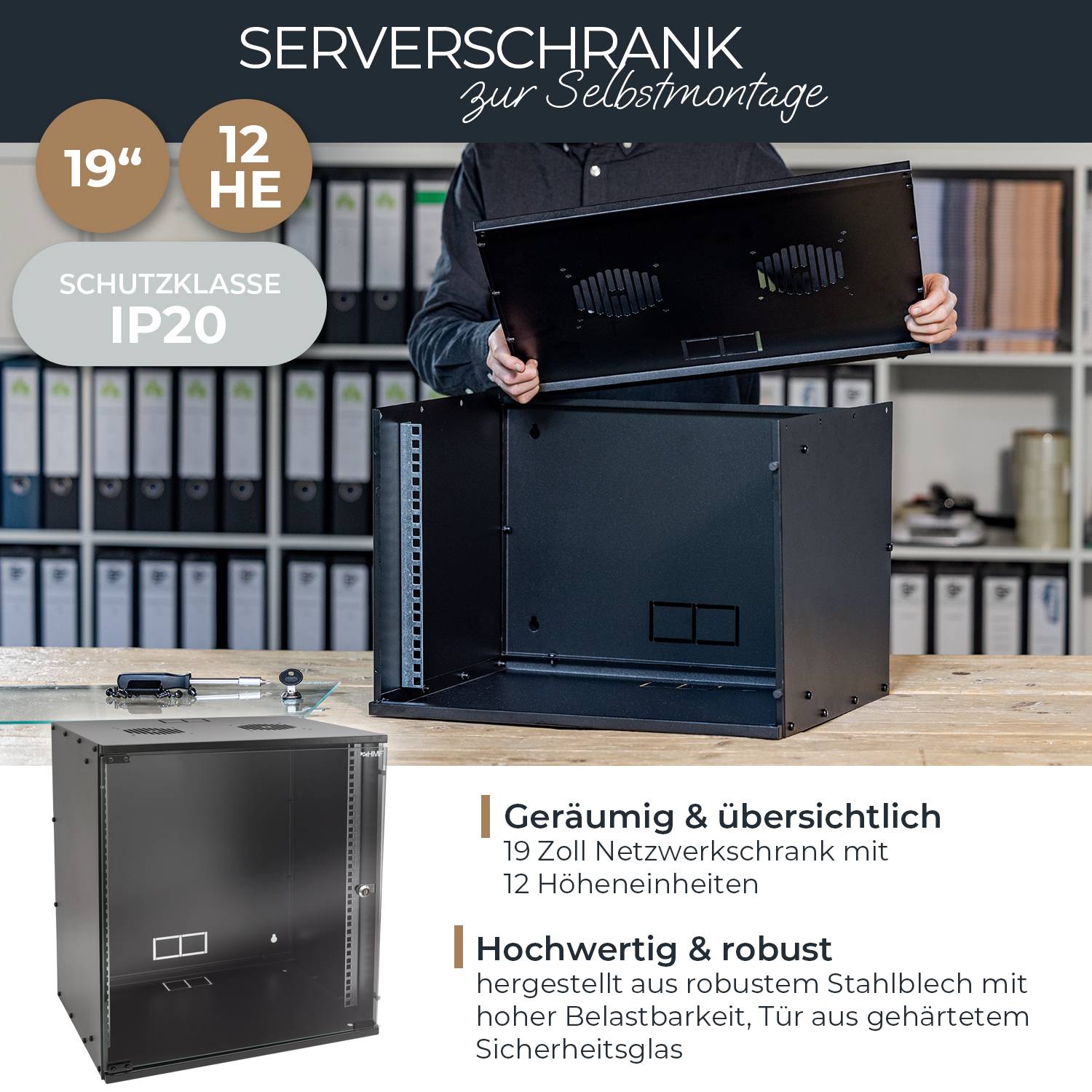 HMF 65712-02 Serverschrank 19 Zoll, 12 HE, 51 x 40 x 58 cm, Schwarz-1