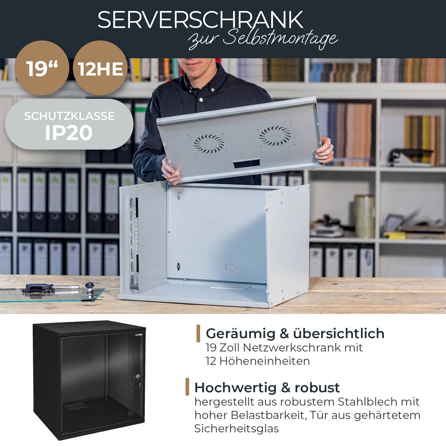 HMF 65712-02 Netzwerkschrank, Serverschrank 19 Zoll, 12 HE, 275 mm Einbautiefe, Glastür, Schwarz-1