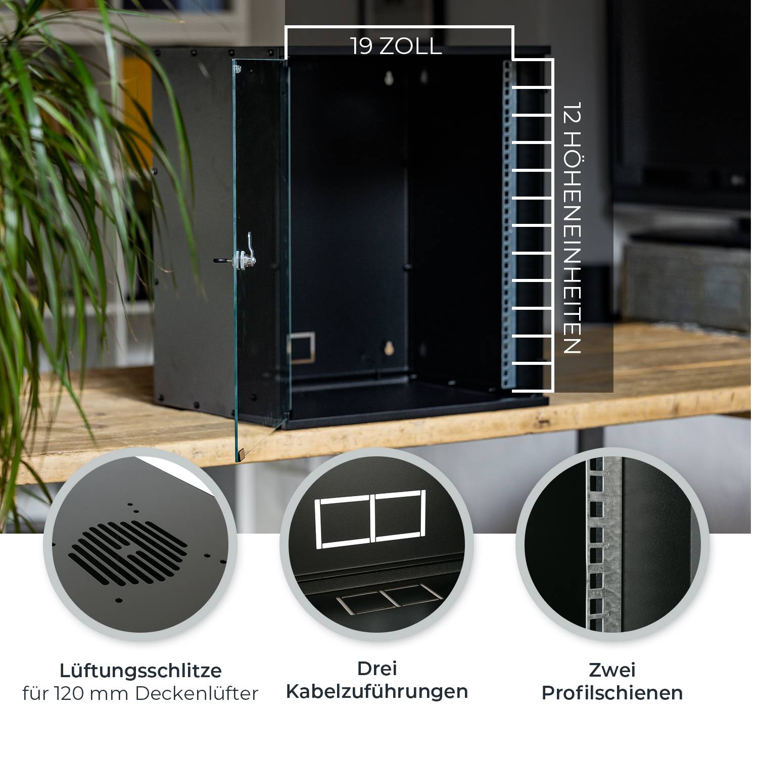 HMF 65712-02 Serverschrank 19 Zoll, 12 HE, 51 x 40 x 58 cm, Schwarz-2
