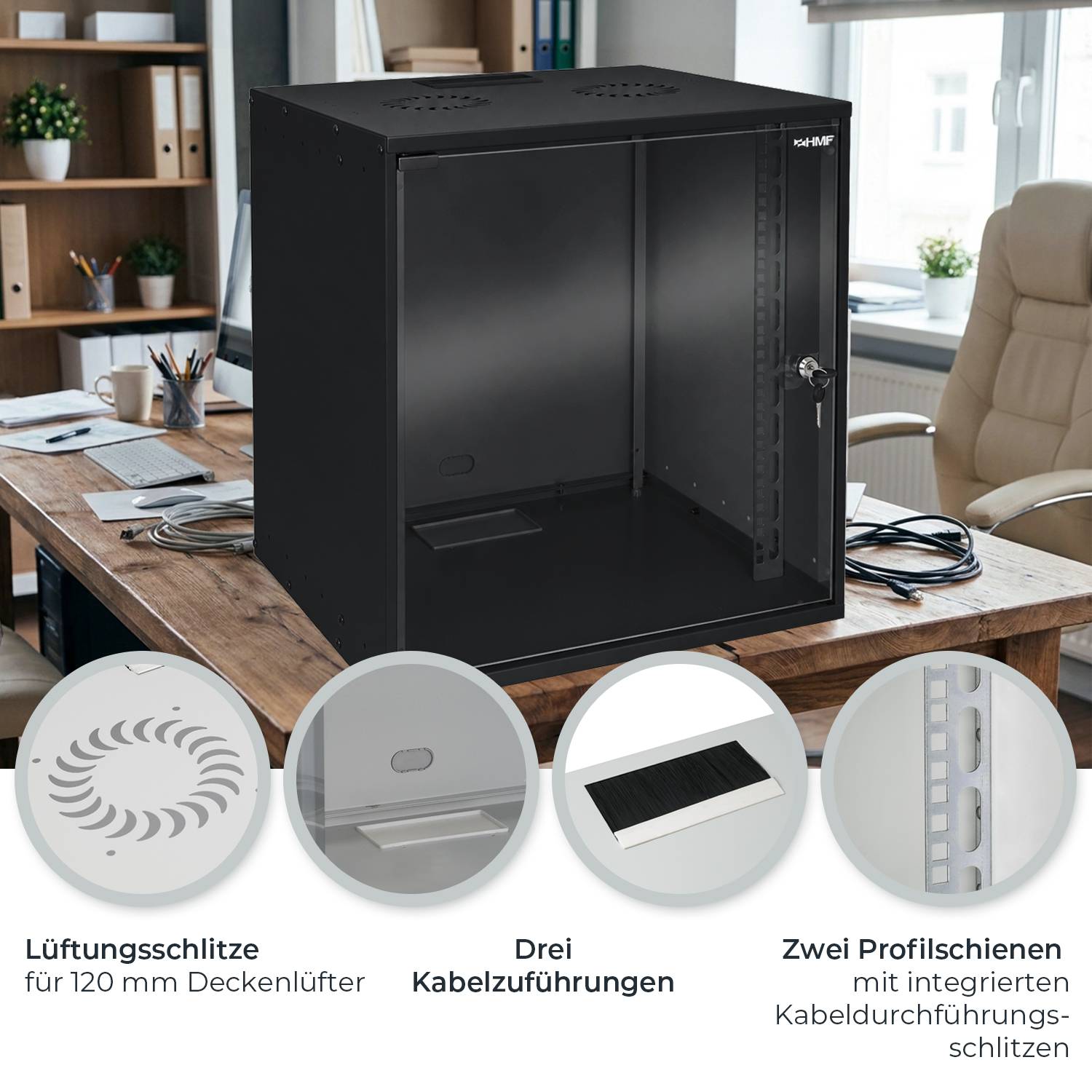 HMF 65712-02 Netzwerkschrank, Serverschrank 19 Zoll, 12 HE, 275 mm Einbautiefe, Glastür, Schwarz-2