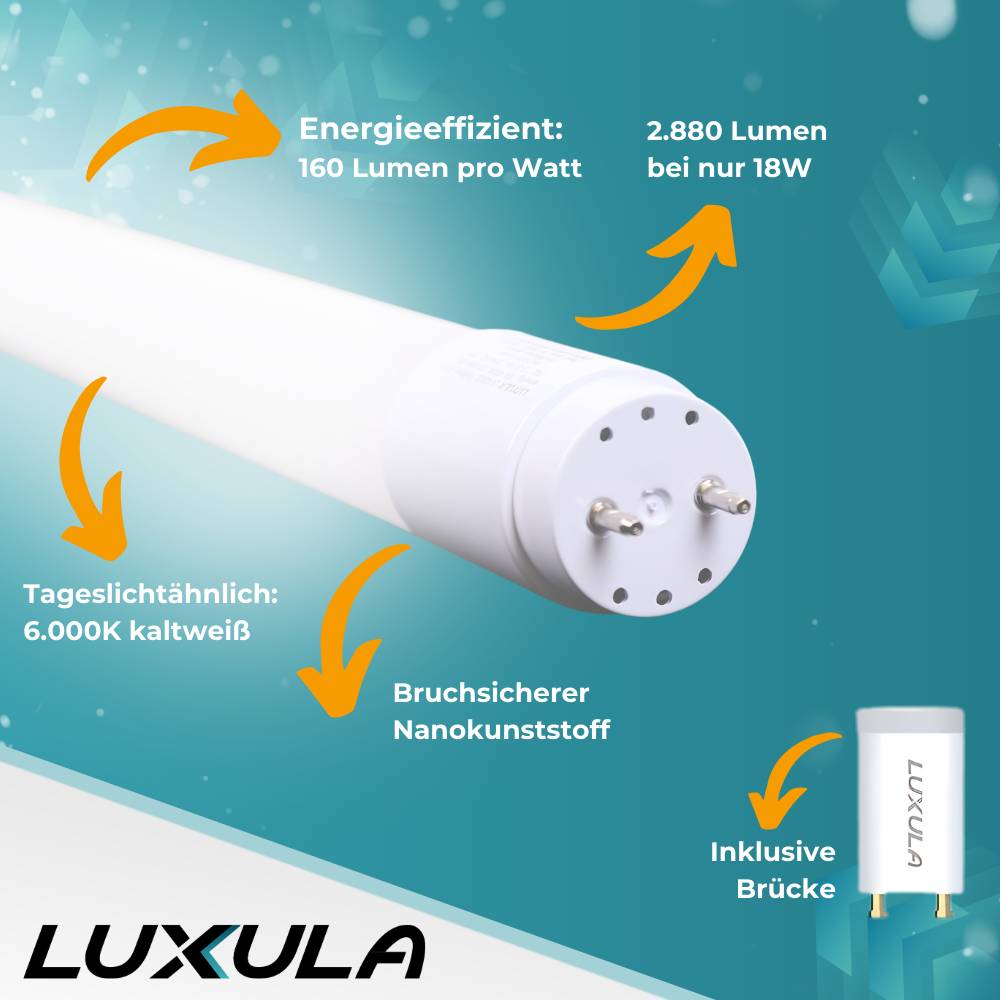 LUXULA LED T8 Röhre 120cm 160lm/W 18W 2860lm 6000K Kaltweiß mit Brücke hohe Energieeffizienz-1