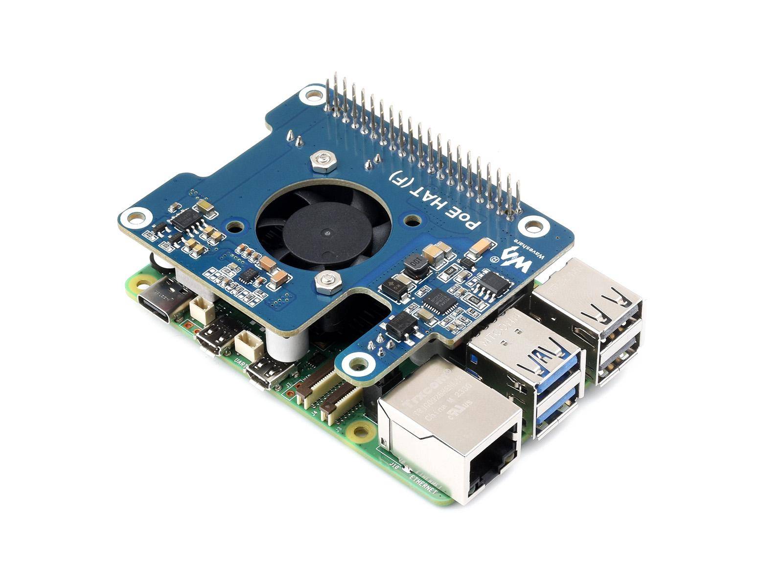 Power over Ethernet (PoE) HAT (F) für Raspberry Pi 5, SMPS, Onboard-Lüfter, Kühlkörper-4