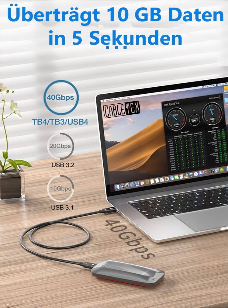 Symbolbild für CABLETEX USB4 Gen3x2 USB C Kabel für Thunderbolt 3, Monitorkabel mit 100W Power Delivery und 40 Gbit/s Datenübertragung