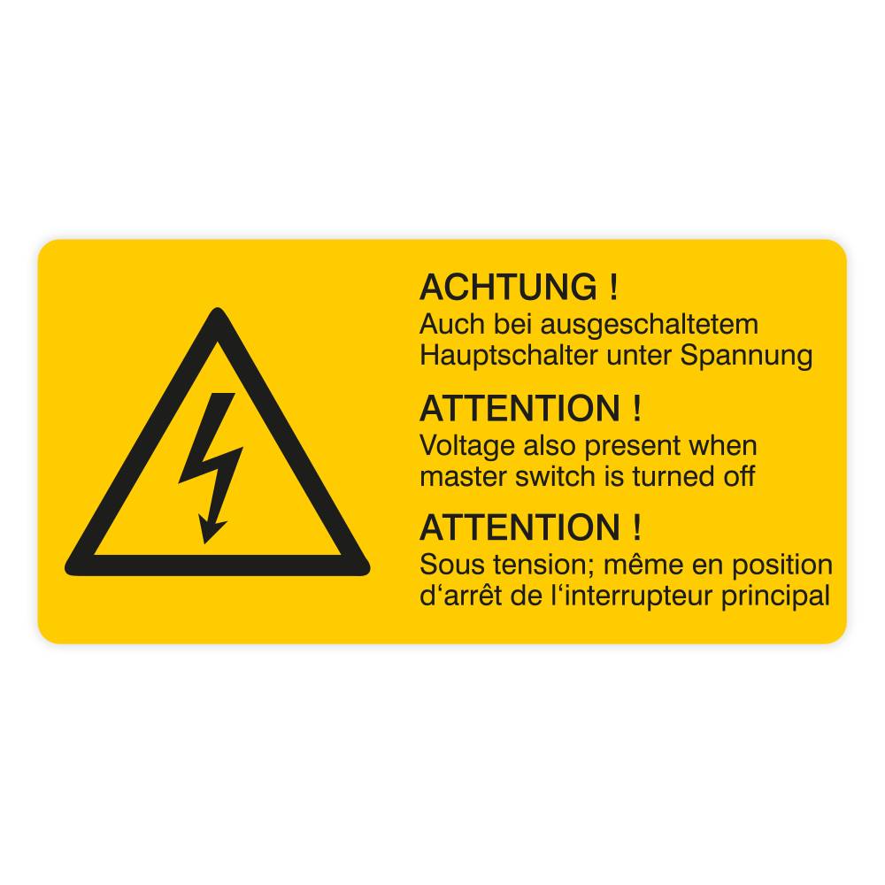Warnaufkleber, Achtung! Auch bei ..unter Spannung, 3-sprachig, Folie, 74 x 37 mm, 10 St./ Bog-0
