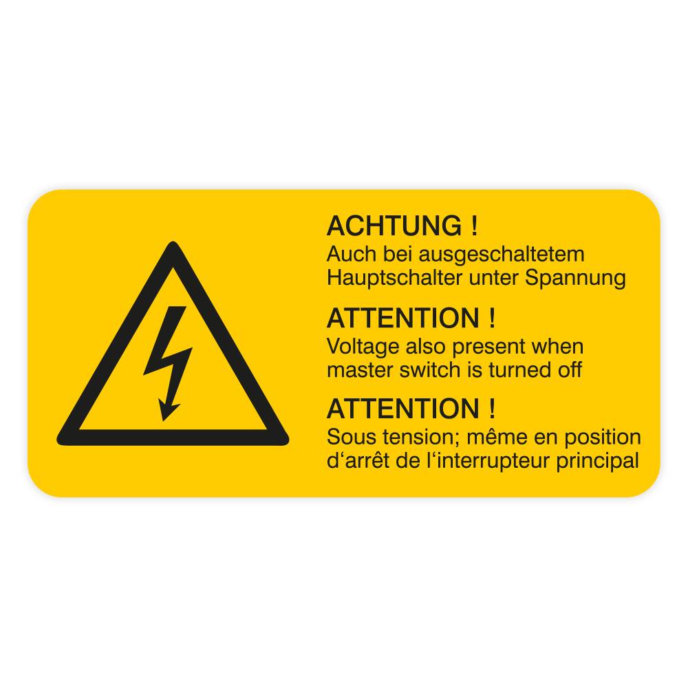 Warnaufkleber, Achtung! Auch bei ..unter Spannung, 3-sprachig, Folie, 37 x 18 mm, 10 St./ Bogen-0