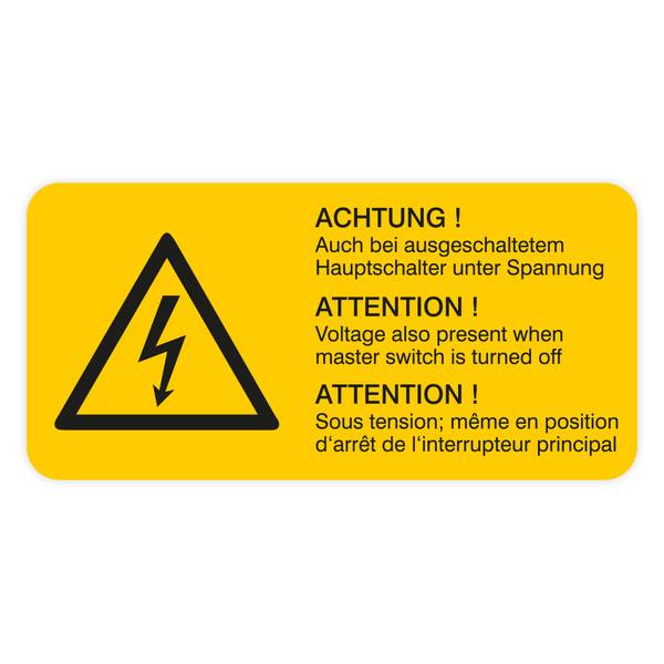 Warnaufkleber, Achtung! Auch bei ..unter Spannung, 3-sprachig, Folie, 37 x 18 mm, 10 St./ Bogen