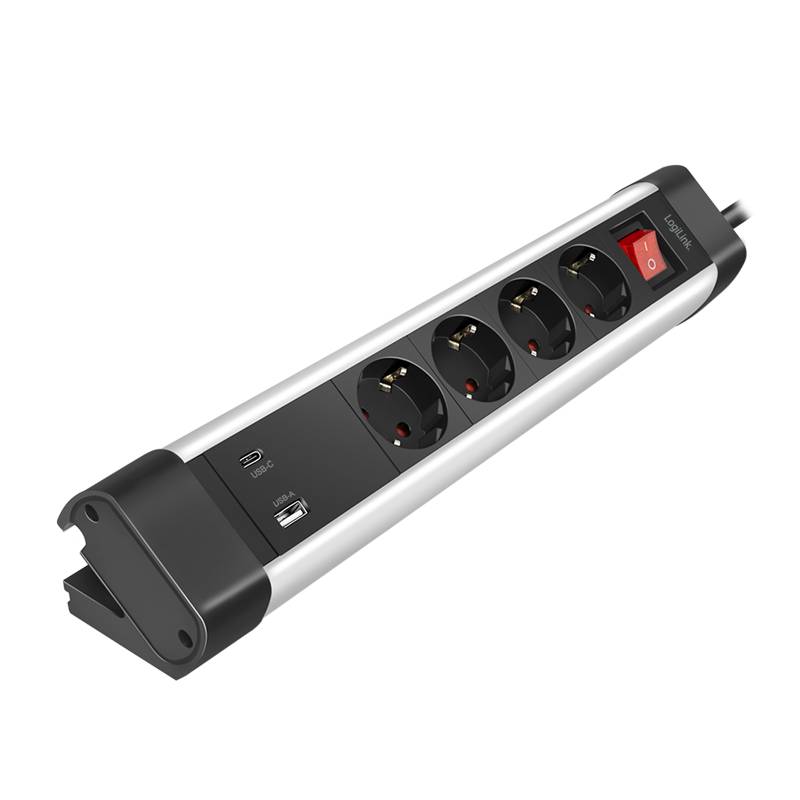 LogiLink Steckdosenleiste 4-fach + Schalter, 4x CEE 7/3, 1x USB-A, 1x USB-C-2