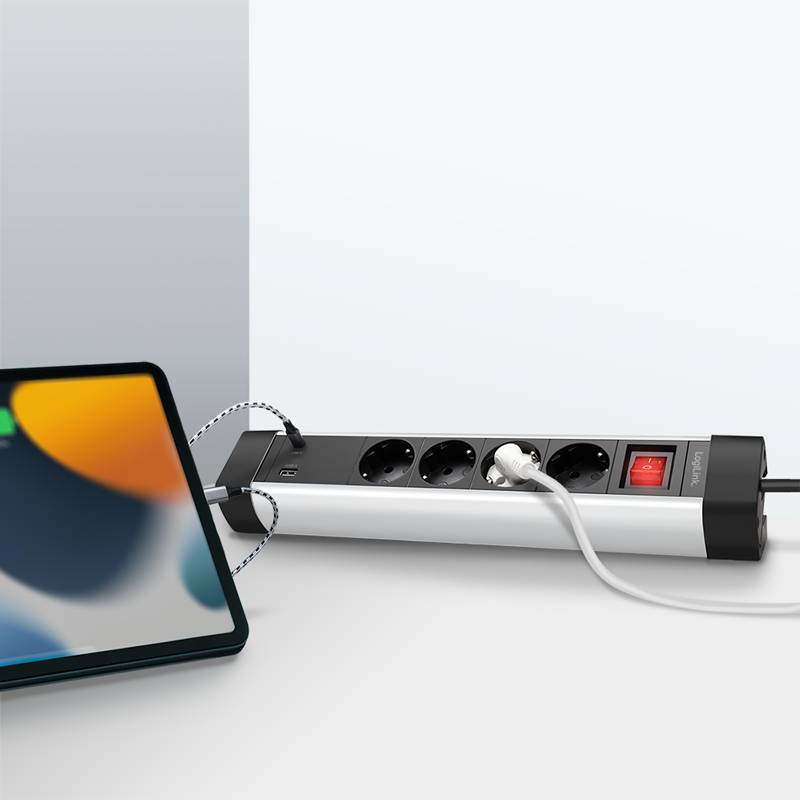 LogiLink Steckdosenleiste 4-fach + Schalter, 4x CEE 7/3, 1x USB-A, 1x USB-C-3
