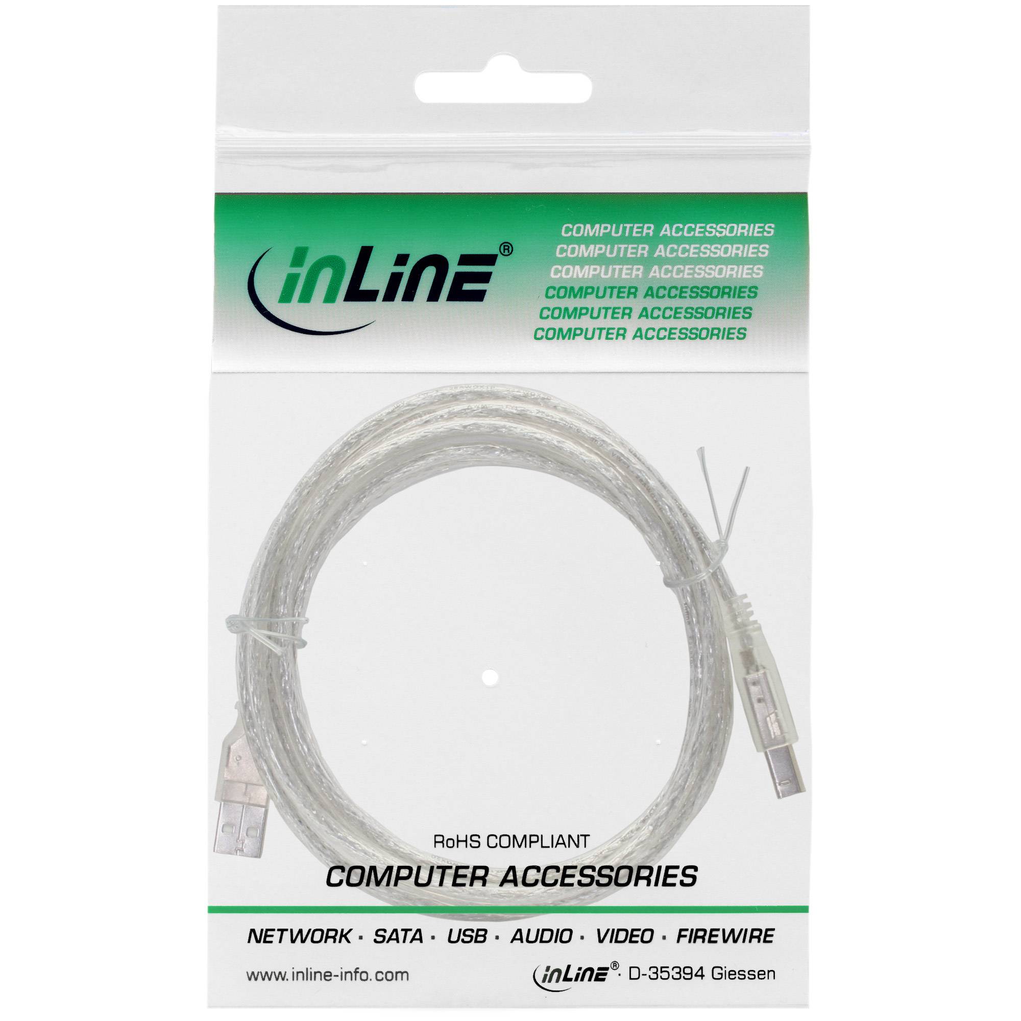 InLine® USB 2.0 Kabel, A an B, transparent, 0,3m-1