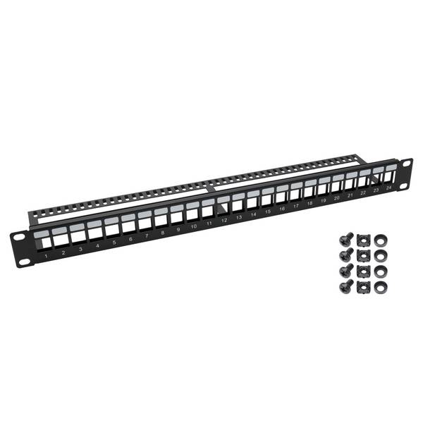 HMF 66445-02 UTP Keystone-Patchpanel für Serverschrank, 19 Zoll, 1 HE, 24 Ports RJ45, Schwarz