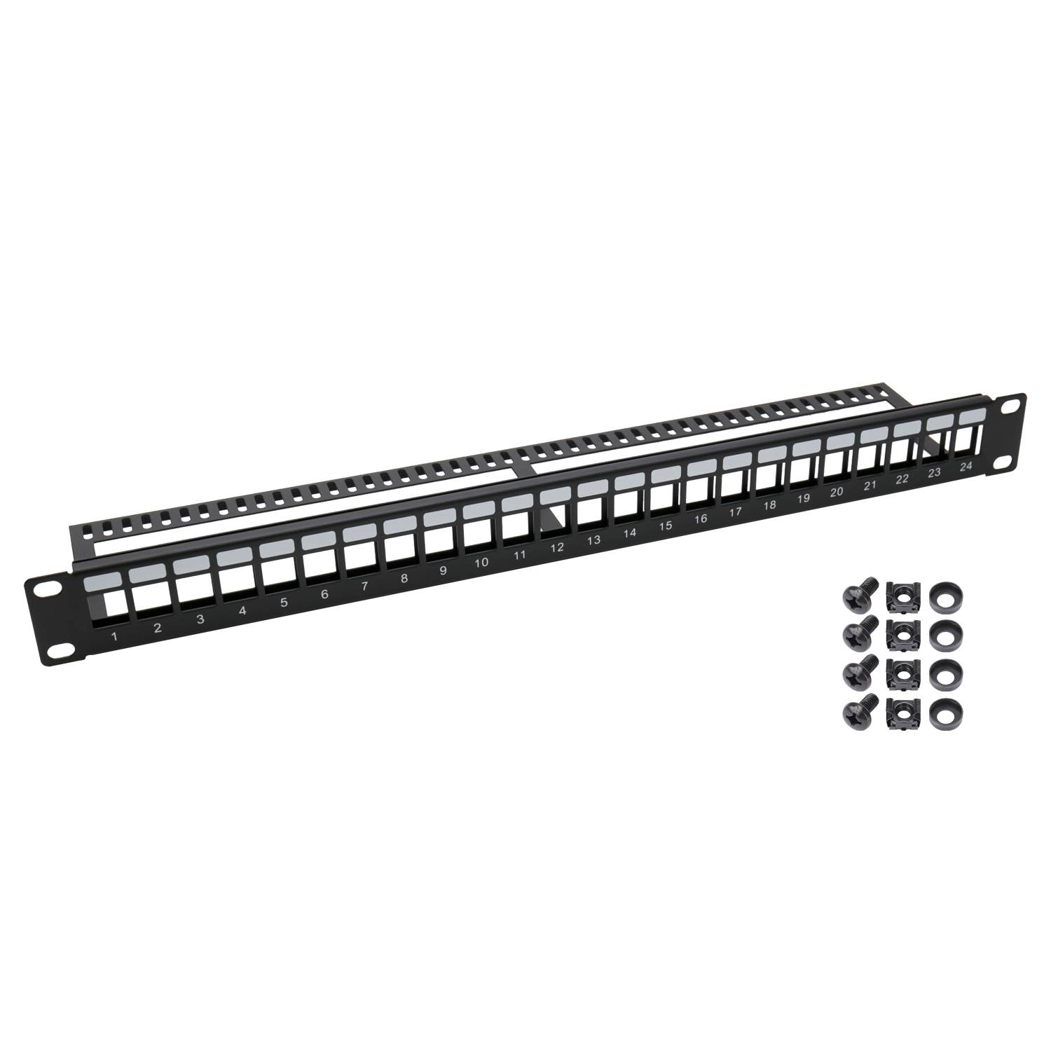 HMF 66445-02 UTP Keystone-Patchpanel für Serverschrank, 19 Zoll, 1 HE, 24 Ports RJ45, Schwarz-0