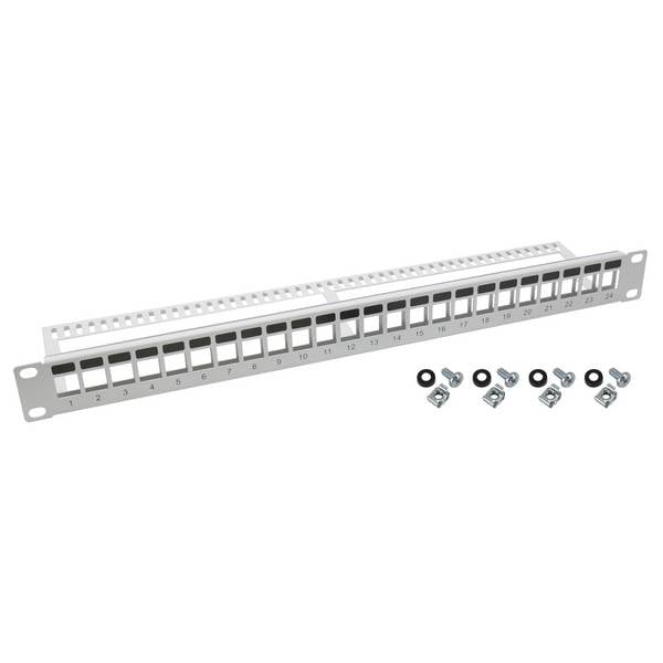 HMF 66445-07 UTP Keystone-Patchpanel für Serverschrank, 19 Zoll, 1 HE, 24 Ports RJ45, Lichtgrau