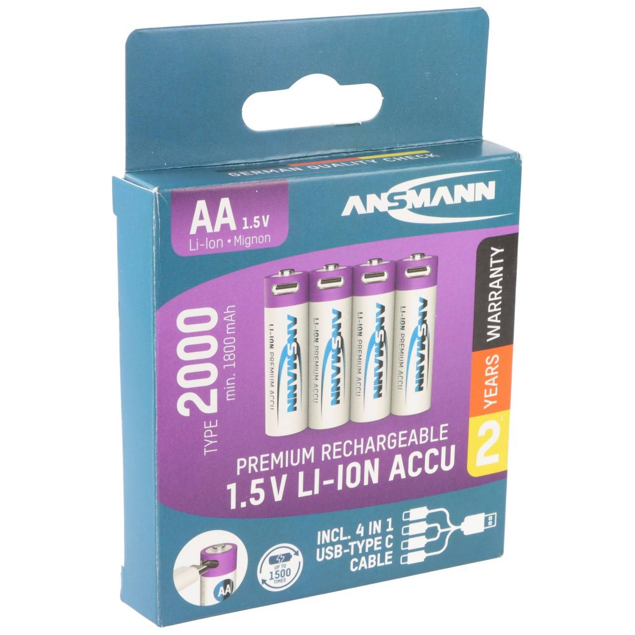 Ansmann Mignon AA 1,5V Lithium-Ionen Akkus, min. 1800mAh typ. 2000mAh, inkl. 4in1 USB-C Ladekabel, 4er Papierblister-0