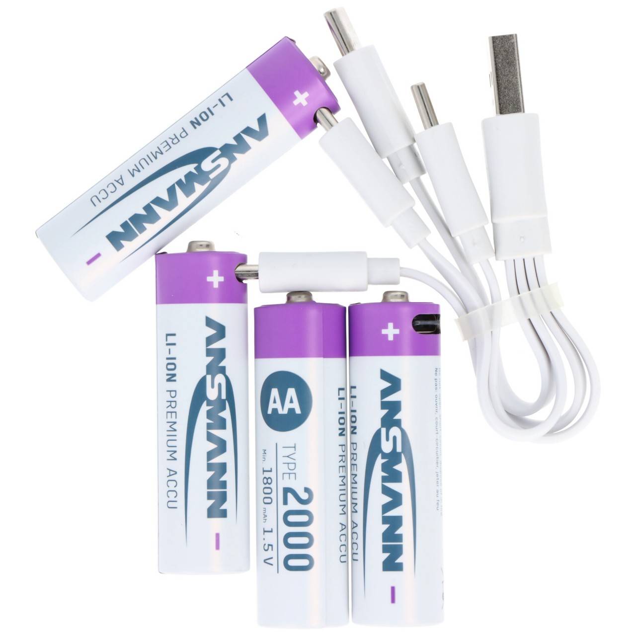 Ansmann Mignon AA 1,5V Lithium-Ionen Akkus, min. 1800mAh typ. 2000mAh, inkl. 4in1 USB-C Ladekabel, 4er Papierblister-1