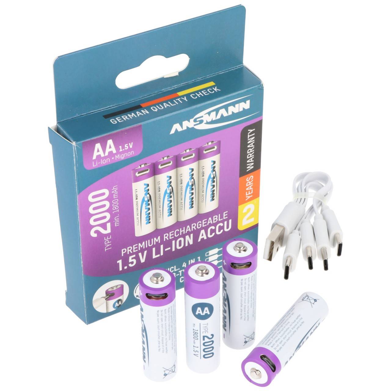 Ansmann Mignon AA 1,5V Lithium-Ionen Akkus, min. 1800mAh typ. 2000mAh, inkl. 4in1 USB-C Ladekabel, 4er Papierblister-2