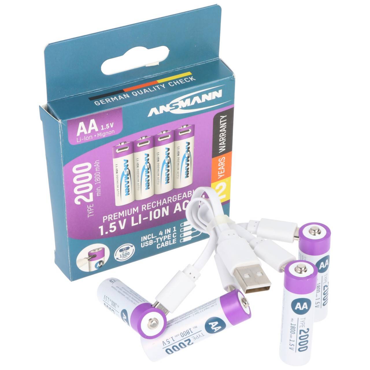 Ansmann Mignon AA 1,5V Lithium-Ionen Akkus, min. 1800mAh typ. 2000mAh, inkl. 4in1 USB-C Ladekabel, 4er Papierblister-3