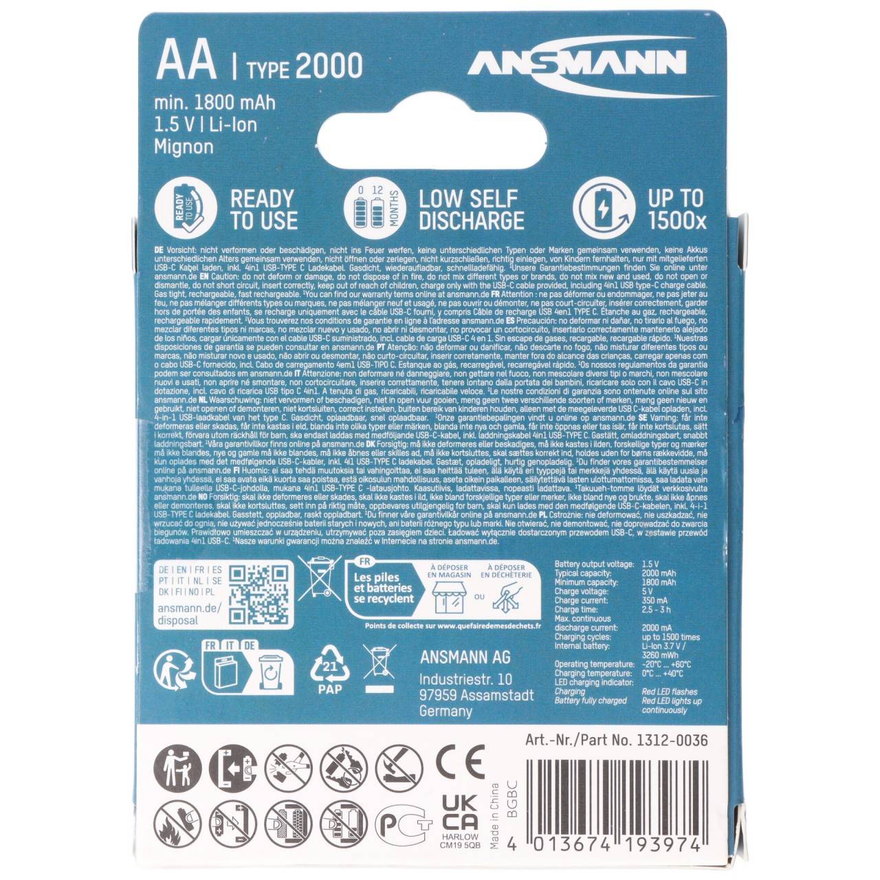 Ansmann Mignon AA 1,5V Lithium-Ionen Akkus, min. 1800mAh typ. 2000mAh, inkl. 4in1 USB-C Ladekabel, 4er Papierblister-4