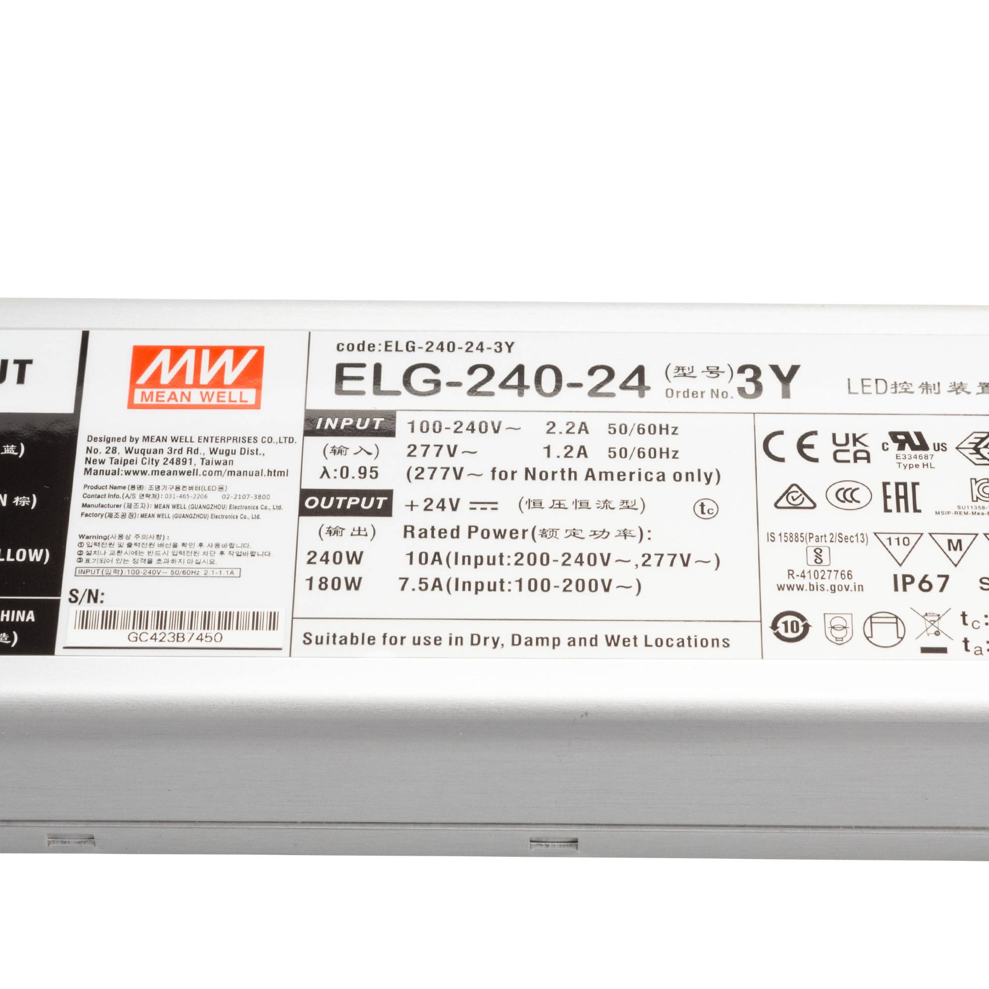 Mean Well ELG-240 IP65/IP67 SNT IP67 240W 24V/10A CV+CC + PE-1
