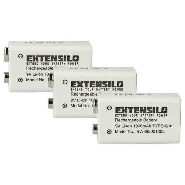 EXTENSILO 3x 9V-Akku Block für diverse Geräte (1 Ah, 9 V, Li-Ion) | ready-to-use, mit USB-C Buchse