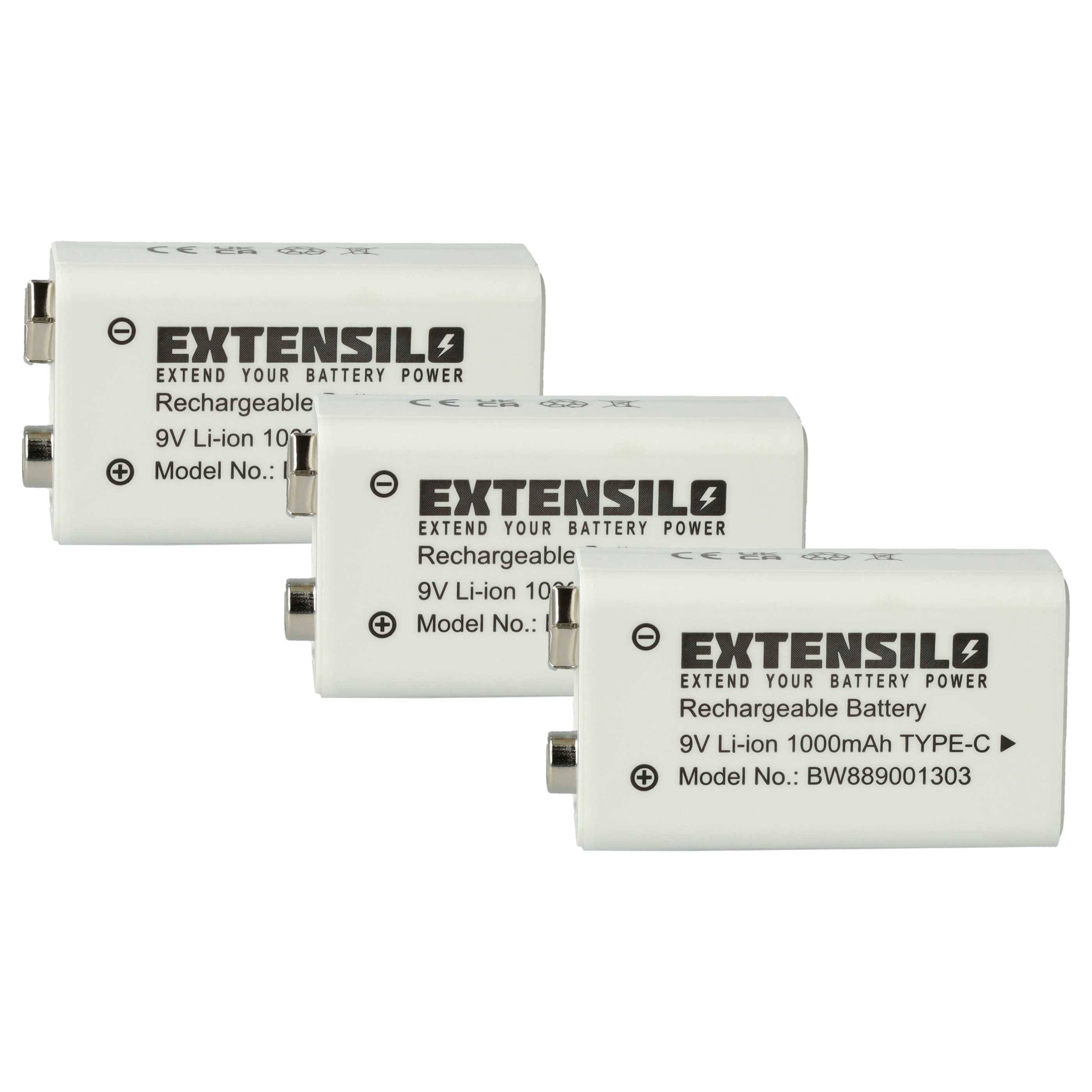 EXTENSILO 3x 9V-Akku Block für diverse Geräte (1 Ah, 9 V, Li-Ion) | ready-to-use, mit USB-C Buchse-0