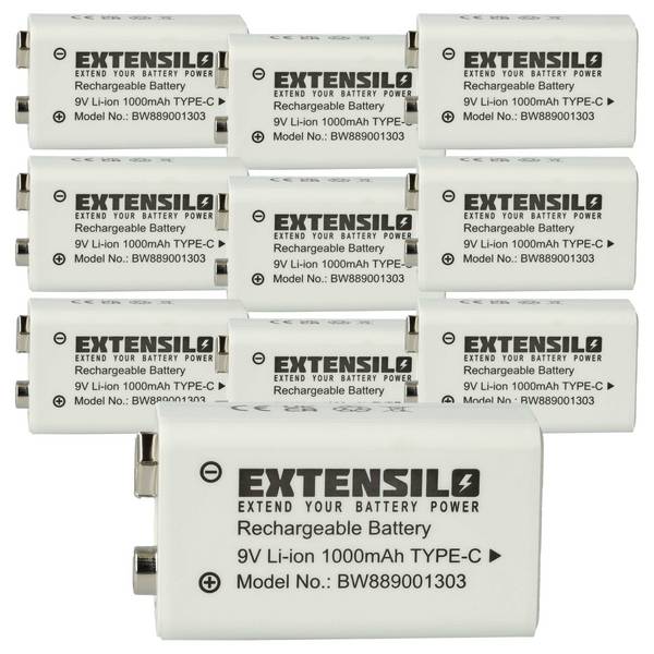 EXTENSILO 10x 9V-Akku Block für diverse Geräte (1 Ah, 9 V, Li-Ion) | ready-to-use, mit USB-C Buchse