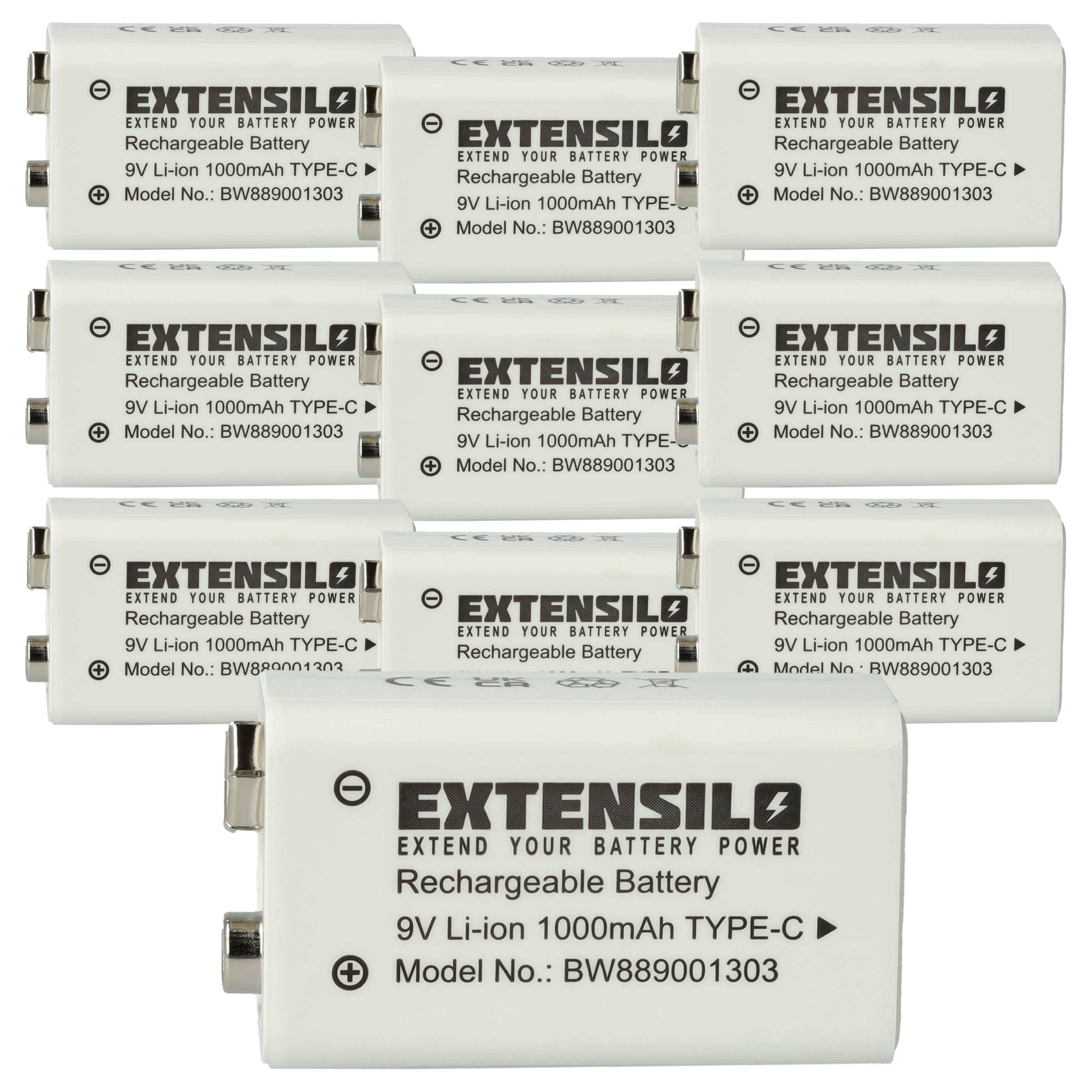 EXTENSILO 10x 9V-Akku Block für diverse Geräte (1 Ah, 9 V, Li-Ion) | ready-to-use, mit USB-C Buchse-0