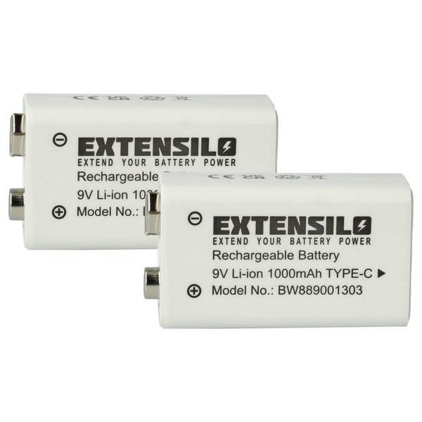 EXTENSILO 2x 9V-Akku Block kompatibel mit Daitem DC270 | DC271, D21, DC272 (1 Ah, 9 V, Li-Ion), ready-to-use, mit USB-C