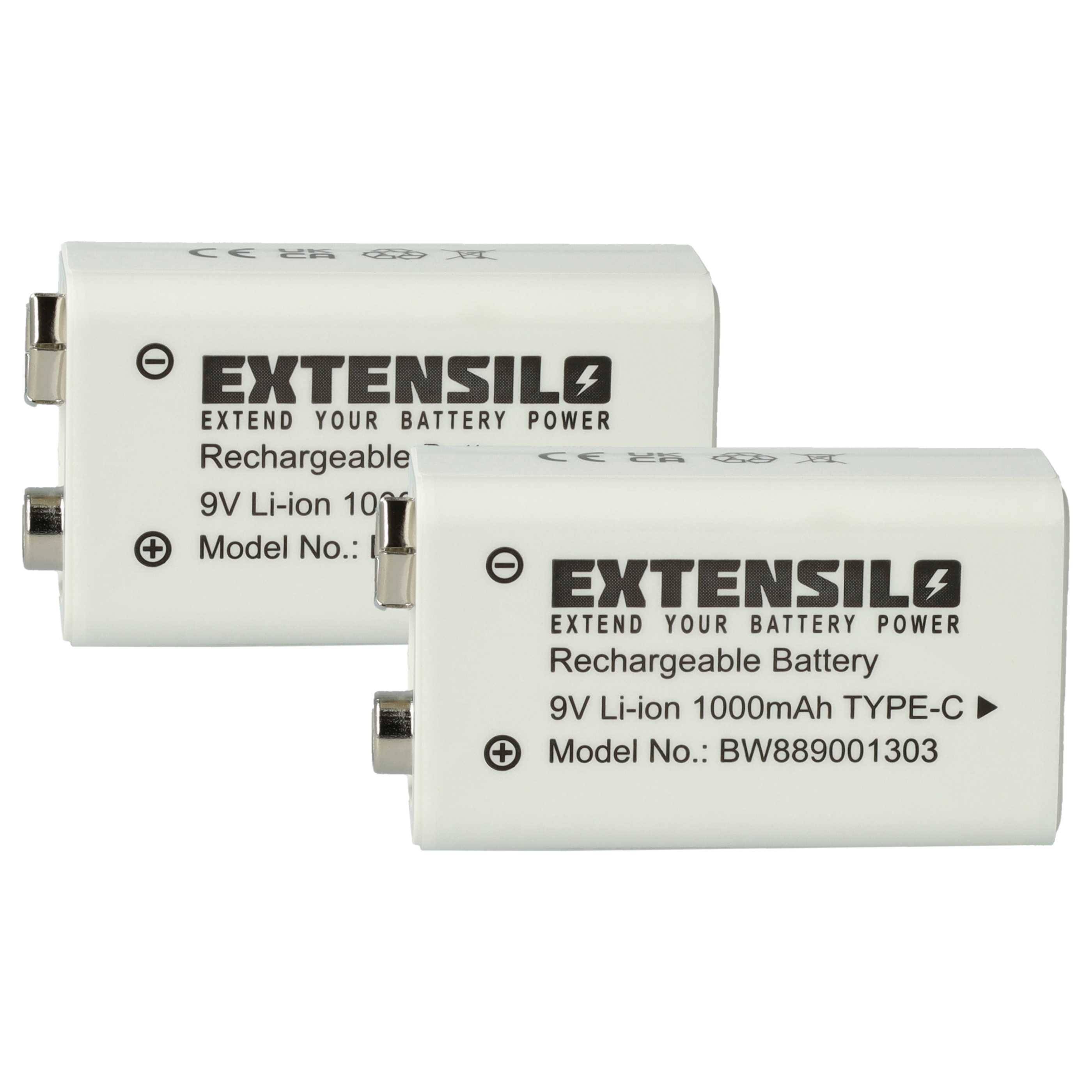 EXTENSILO 2x 9V-Akku Block für diverse Geräte (1 Ah, 9 V, Li-Ion) | ready-to-use, mit USB-C Buchse-0