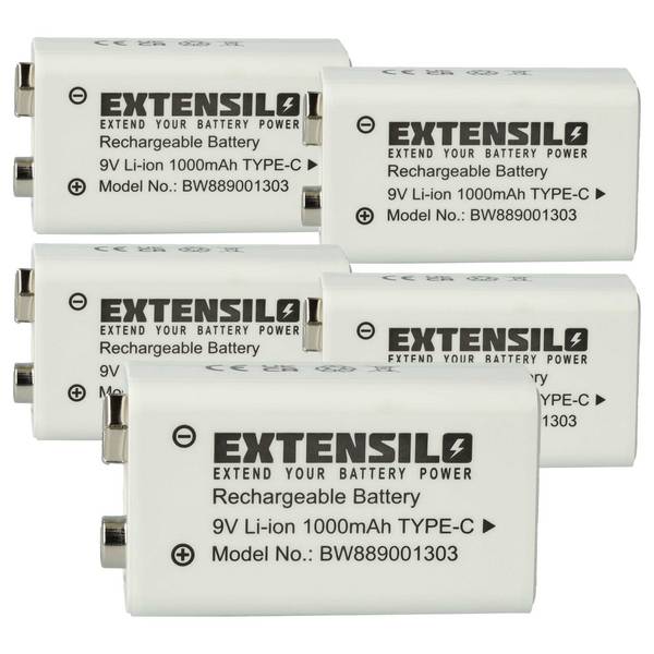 EXTENSILO 5x 9V-Akku Block für diverse Geräte (1 Ah, 9 V, Li-Ion) | ready-to-use, mit USB-C Buchse